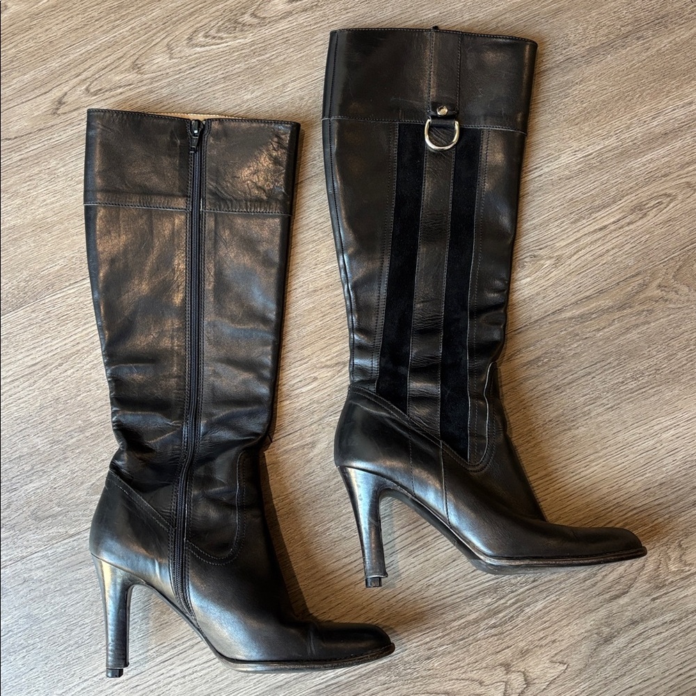 Coach Black Leather Knee-High Heeled Boots with Suede Panels